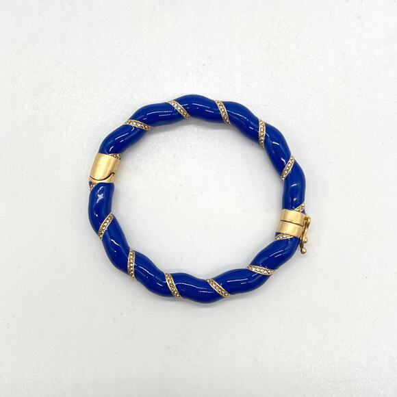 CLARE V Gold Plated Enamel Rope Bangle Bracelet Blue Rhinestone Crystal NEW - Picture 6 of 11